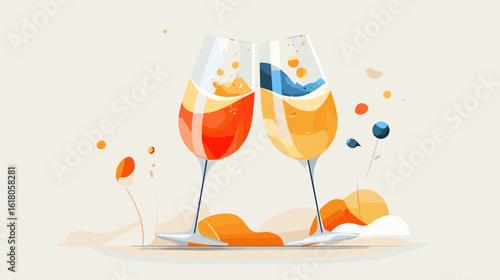 Colorful cocktail glasses clinking together in celebratory atmosphere  