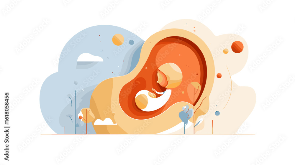 Obraz premium Abstract illustration of a fetus surrounded by colorful shapes and clouds