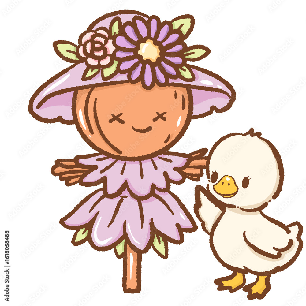 Obraz premium Cute flower scarecrow with pumpkin head and friendly goose adorable pastel autumn illustration perfect for fall harvest garden theme cozy Halloween countryside character and seasonal design