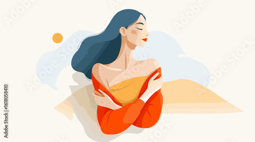 Woman embracing herself with long hair and a serene expression  