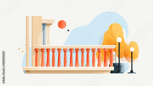 Colorful balcony with decorative elements and trees in background  