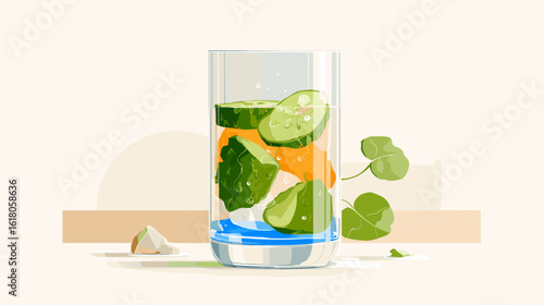 Refreshing cocktail with mint and lime in a glass on a neutral background  