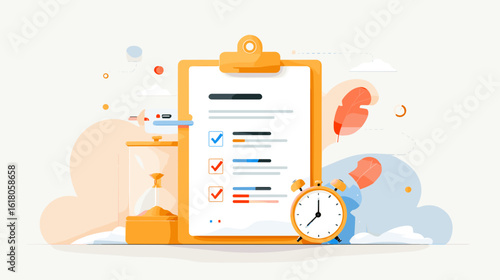 Checklist on clipboard with timer and hourglass in modern style  
