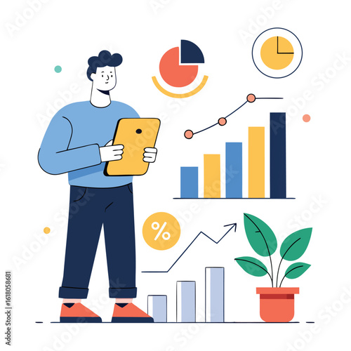 Data analysis illustration of a businessman reviewing performance metrics and financial reports