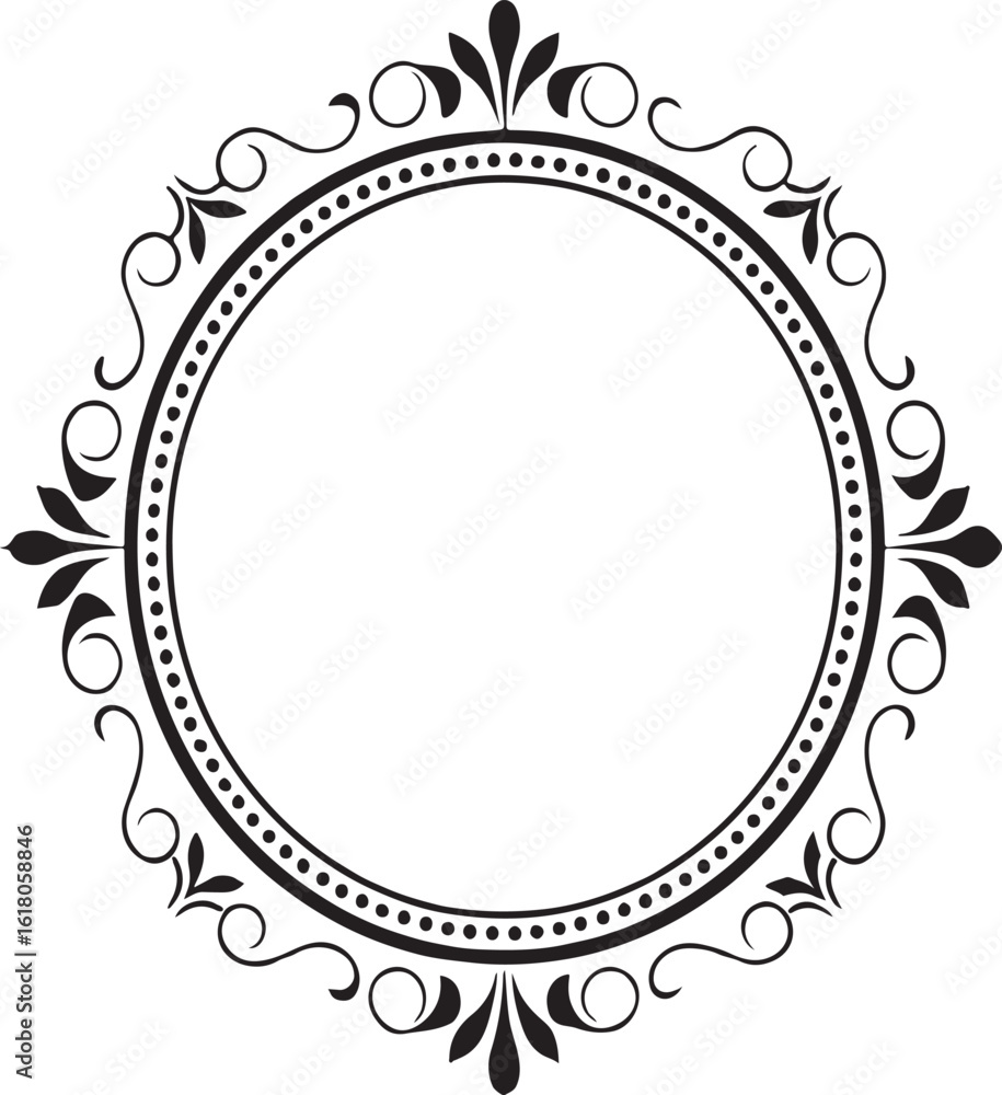 Elegant black and white decorative circle frame with ornate floral and swirl elements Elegant black and white decorative circle frame with ornate floral and swirl elements