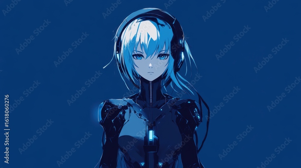 Obraz premium Stylish anime girl in futuristic, dark blue attire.