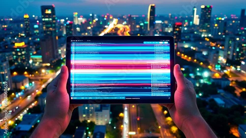Business Professionals Engaged with Holographic Commerce Data in Vibrant Cityscape – Modern Digital Market Visualization