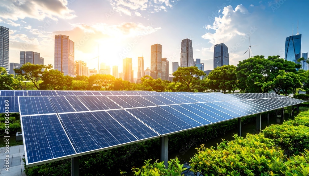 Fototapeta premium Solar panels on city skyline