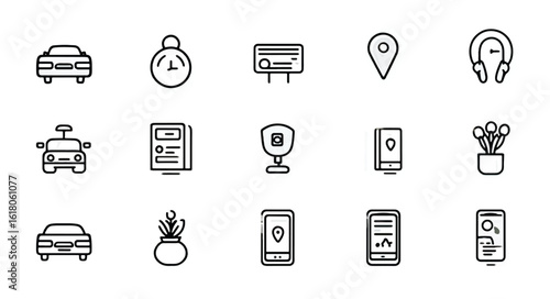 Collection of Minimalist Line Icons for Transportation Mobile Apps and Urban Lifestyle Representing Modern Services and Technologies