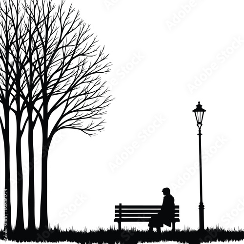 Silhouette of person on bench under bare trees with lamppost bare branches