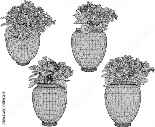 Vector design illustration of ornamental plants in earthen jars for classic vintage ethnic traditional interior decoration