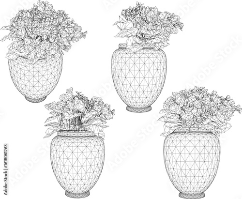Vector design illustration of ornamental plants in earthen jars for classic vintage ethnic traditional interior decoration 