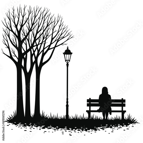 Silhouette of person on park bench under bare trees and lamppost sitting