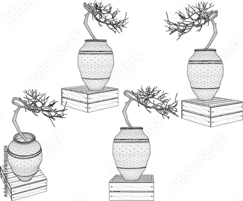 Vector design illustration of ornamental plants in earthen jars for classic vintage ethnic traditional interior decoration