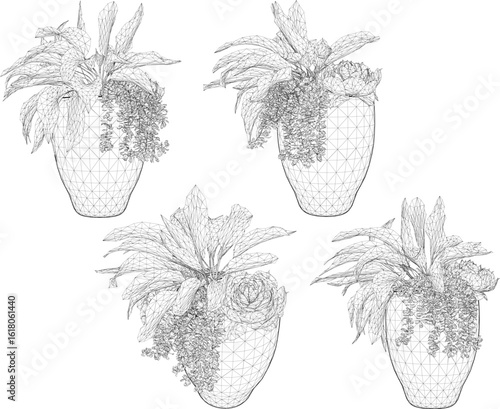 Vector design illustration of ornamental plants in earthen jars for classic vintage ethnic traditional interior decoration