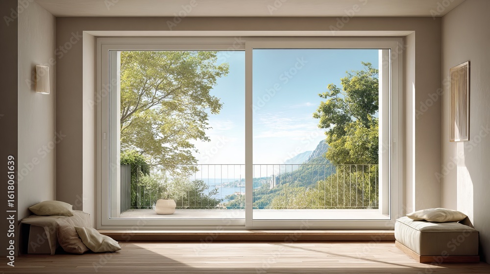 Fototapeta premium Serene view from a modern room showcasing lush greenery and mountains through large glass doors.