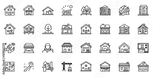 Real Estate and Property Line Icons Set for Housing, Construction, Home Services, Architecture, and Rental Platforms

