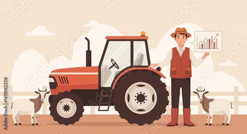 Modern Agriculture Farmer Holding Growth Chart Near Tractor And Goats