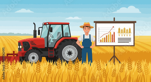 Successful Harvest Presentation In Wheat Field With Red Tractor