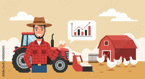 Happy Farmer With Increased Egg Production on His Modern Farm