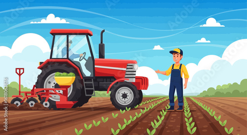 Happy Farmer Planting With Tractor in Agricultural Fields