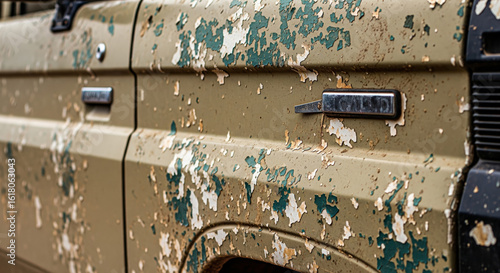A close-up detail shot of an old, weathered vehicle with severely cracked and peeling paint. The worn texture of the flaking beige paint reveals the dark undercoat on the car door, lit by warm evening