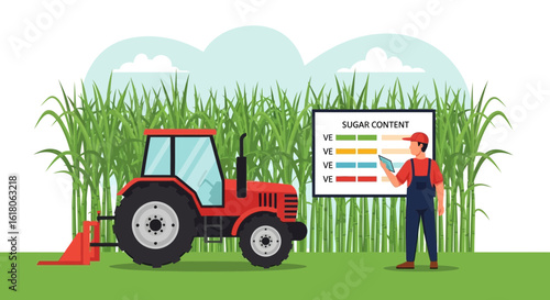 Farmer Analyzing Sugarcane Crop With Tractor in Agricultural Landscape
