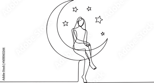 Continuous one line drawing of a woman sitting on a crescent moon with stars scattered around, symbolizing dreams and serenity

