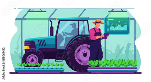Modern Farming Greenhouse With Tractor And Farmer Analyzing Data