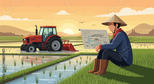 Innovative Farmer Inspecting Irrigation System Scheme At Rice Field
