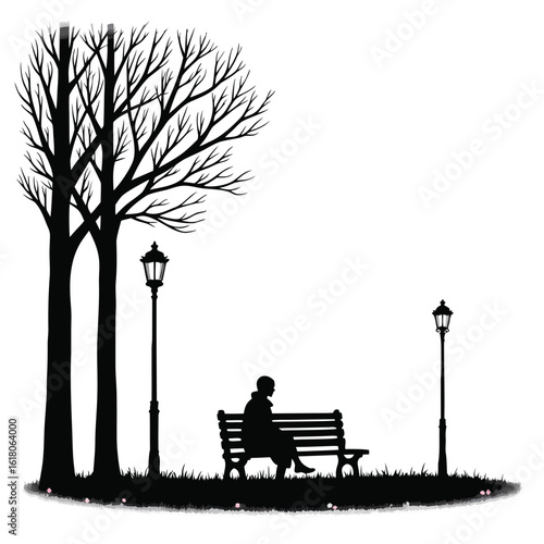 Solitary figure on park bench beneath bare trees and lampposts silhouette person