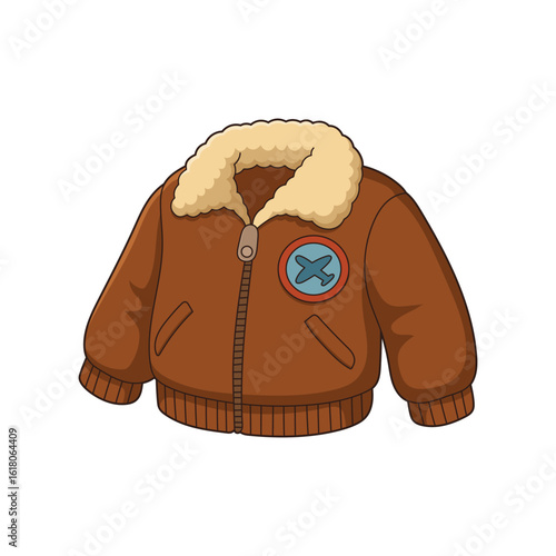 Cartoon brown aviator jacket with a tan fur collar and airplane patch icon