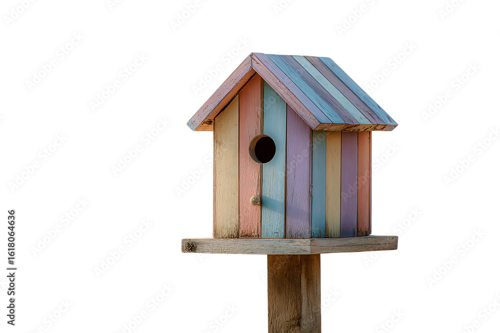 Pastel-colored birdhouse on a post Pastel-colored birdhouse on a post