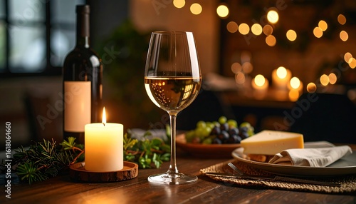 Wallpaper Mural A glass of white wine, cheese, and grapes on a table with candles, in a dimly lit restaurant setting. Torontodigital.ca