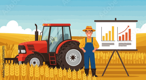 Farmer Presenting Crop Yield Statistics Using Tractor In Wheat Field