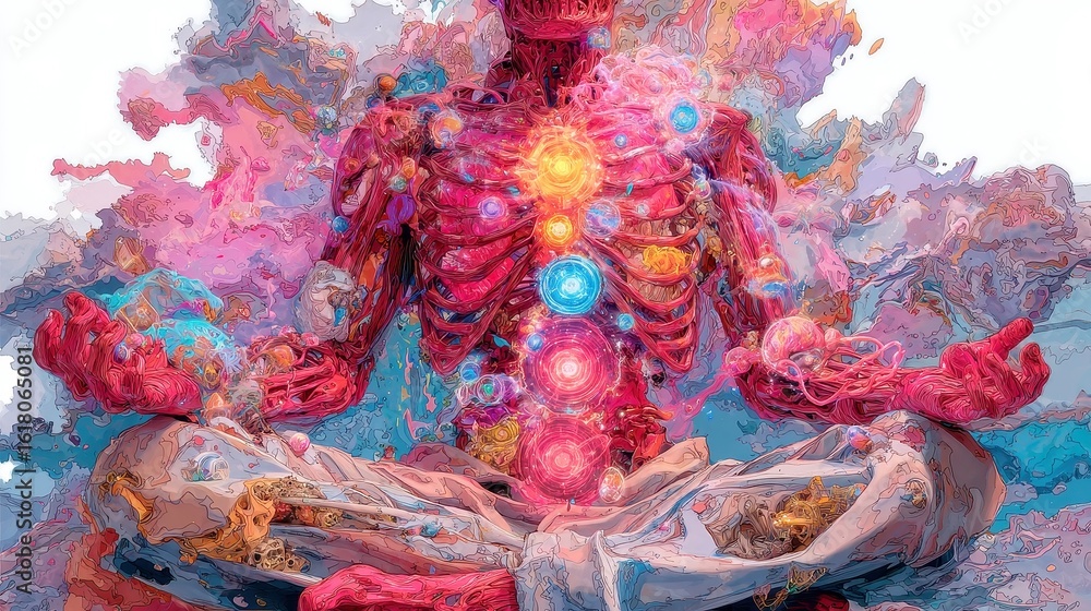 Fototapeta premium Surreal Anatomy Art of Seven Chakras, Glowing Orbs within a Transparent Body, Surrounded by Energetic Swirls, Luminous Watercolor Style, Isolated on White Background