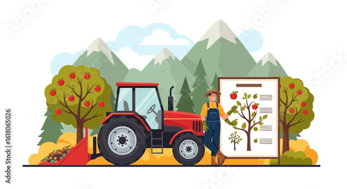 Agriculturalist Explaining Apple Growing Techniques Near Tractor In Orchard