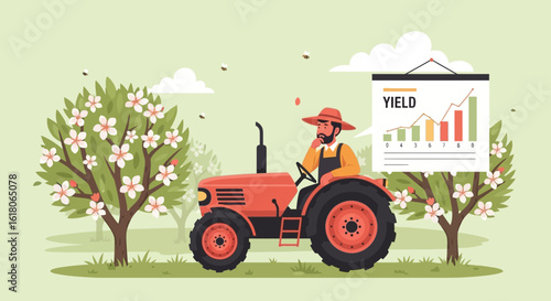 Farmer Analyzing Yield Chart While Driving Tractor In Orchard