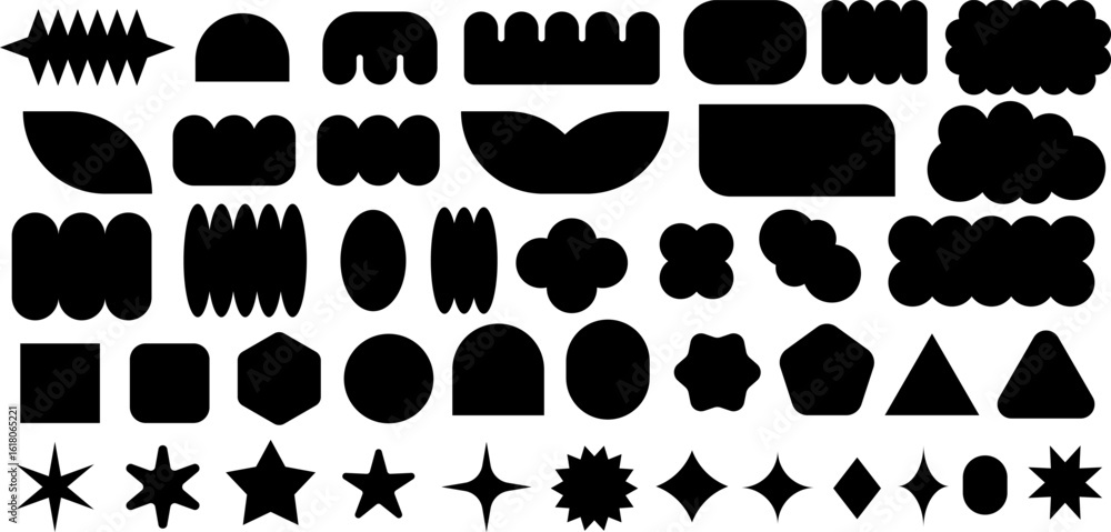 Fototapeta premium Set of abstract black geometric shapes, blobs, stars, and icons on transparent background. Perfect for branding, logo elements, stickers, or modern design templates