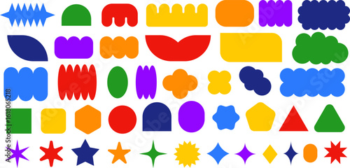 Set of multicolor abstract and geometric shapes. Great for stickers, modern design accents, kids’ graphics, or playful layout decorations