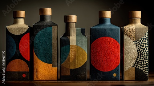 Geometric Patterned Bottles on Wooden Table