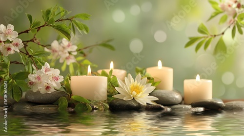 Serene scene with lit candles, river rocks, flowers, and green foliage in water reflection