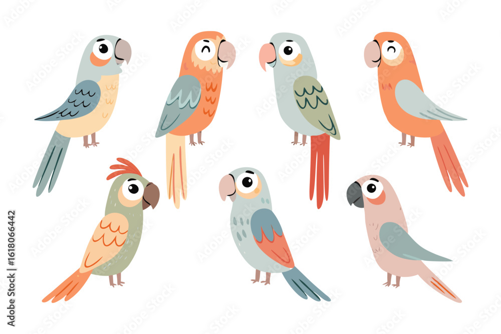 Vibrant Parrot Ensemble: An array of colorful parrots showcases a spectrum of hues and a hint of playful energy, a versatile artistic illustration perfect for diverse creative endeavors.