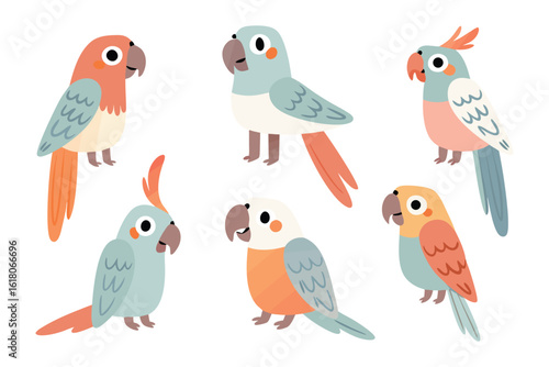 Colorful parrots in playful array: Delightful group of vibrantly colored parrots with various postures. showcasing their unique details, friendly, lively and energetic.