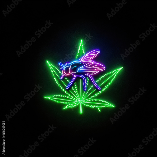 A vibrant neon art piece featuring a glowing purple and blue fly resting on a bright green cannabis leaf against a solid black background for a modern, edgy look.
