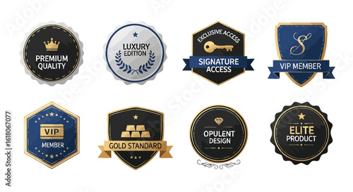 Collection of elegant and sophisticated badge designs showcasing premium quality, luxury editions, exclusive access, VIP membership, gold standard, opulent design, and elite product branding elements.