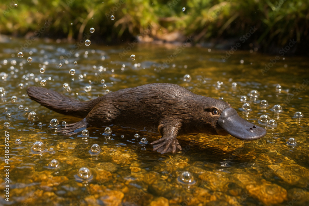 Obraz premium platypus swimming in shallow stream, bubbles around, rare scene