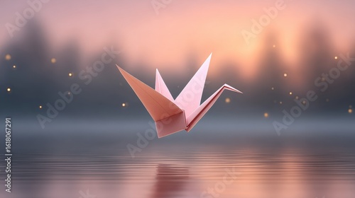 Elegant origami flamingo craft flying above serene lake handmade paper art japanese folded animal dreamy environment