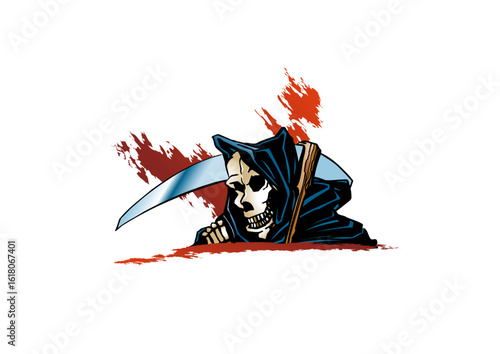 The figure of death drawn with a skeleton head and scythe on a red graphic background