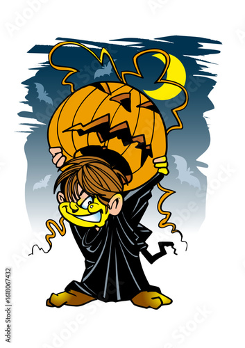 Boy dressed up for Halloween with black cape and pumpkin head with a dark night sky and moon in the background